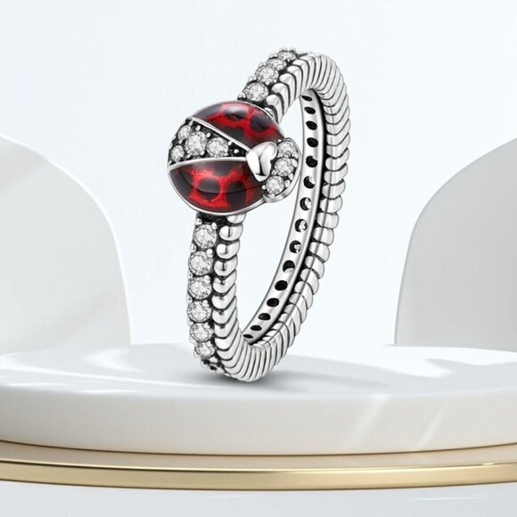 NWT Ladybug Ring Sz.7 S925 Solid Sterling Silver Red Enamel Cubic Zirconia - Picture 5 of 7